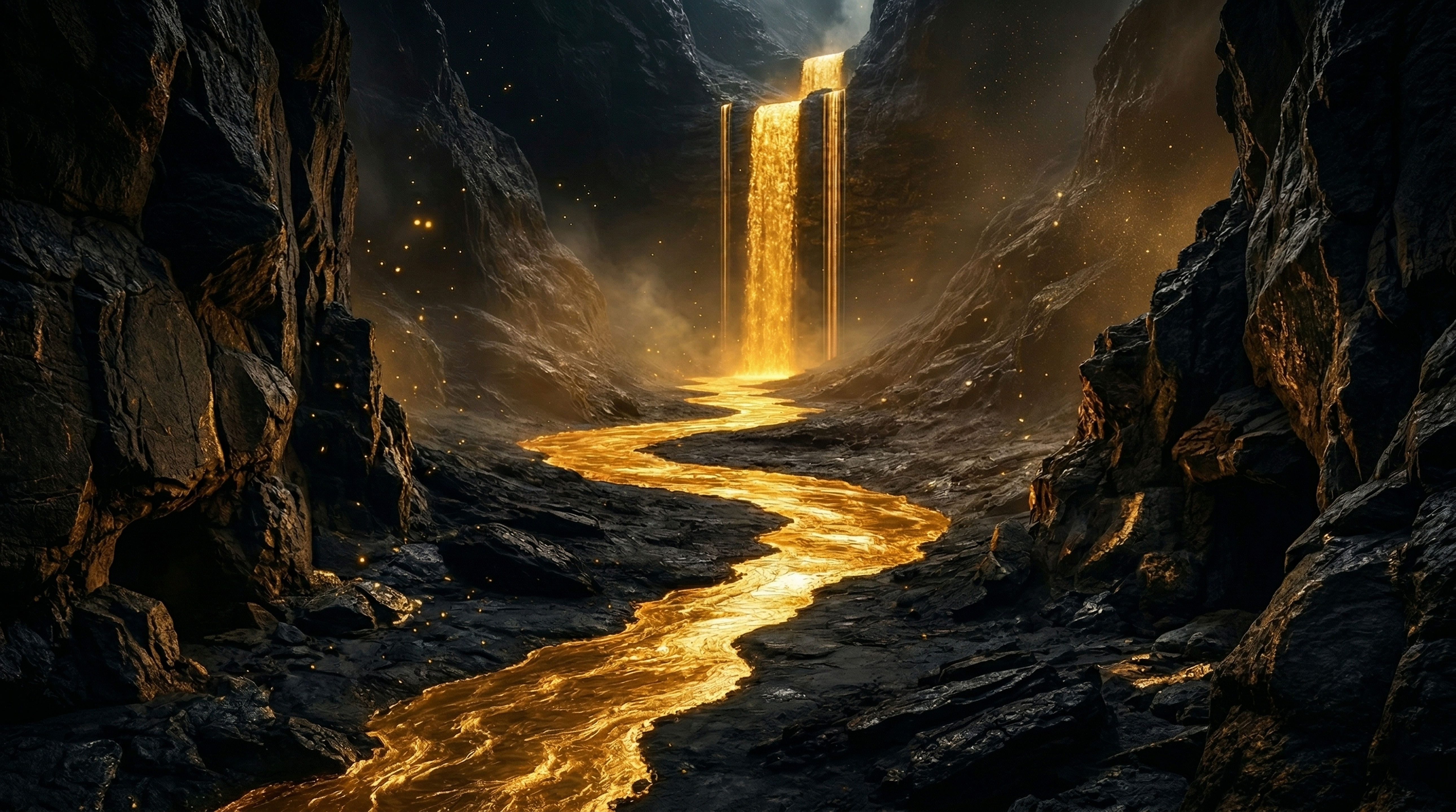 gothic cathedral interior with golden light rays piercing through stained glass, dark stone arches and dramatic atmosphere