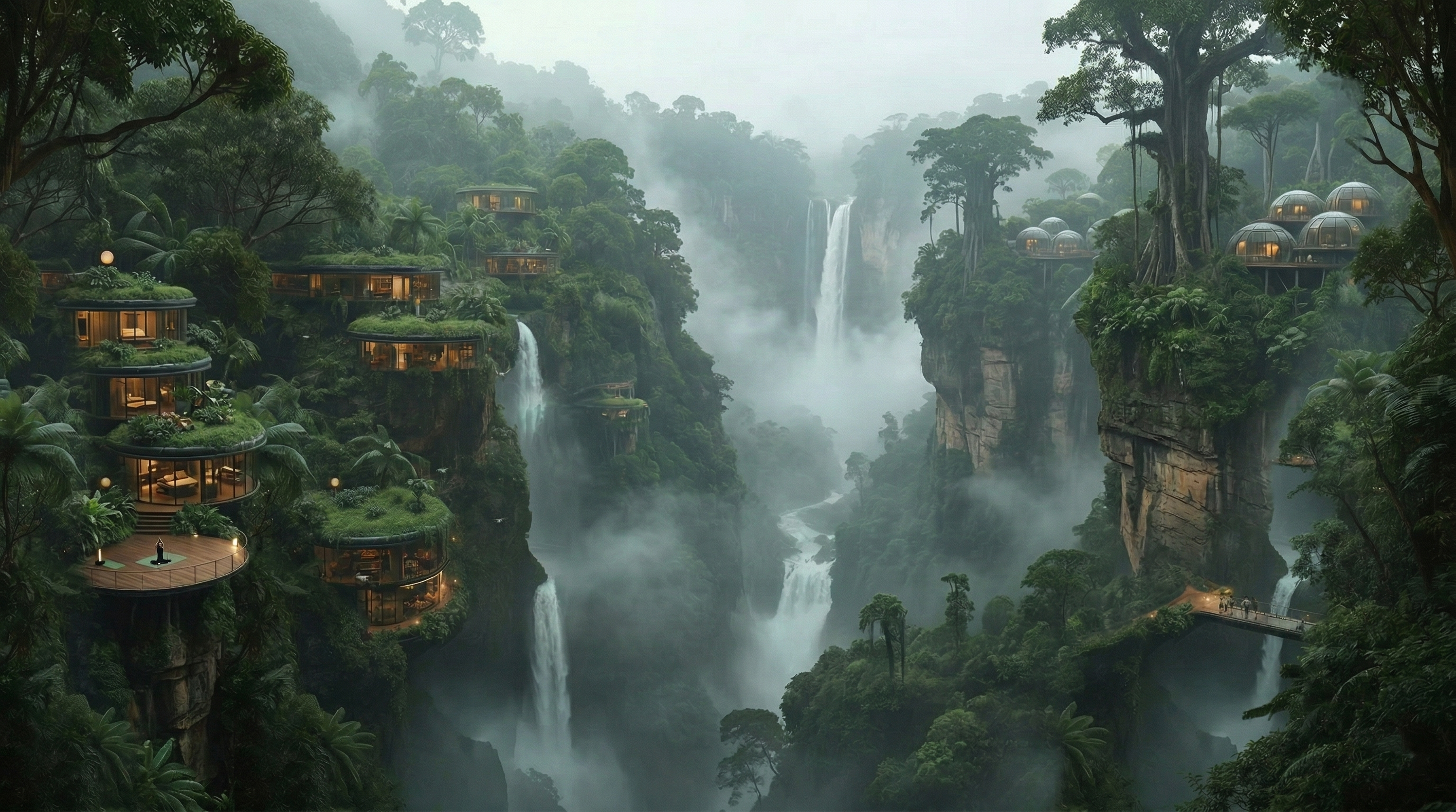 bioluminescent forest growing through ruined city buildings at night with teal and green glowing vines